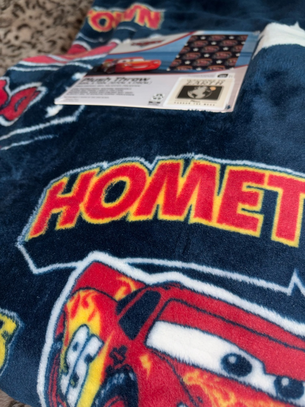 Disney Navy Fleece Throw with Red and Yellow lighting McQueen Design